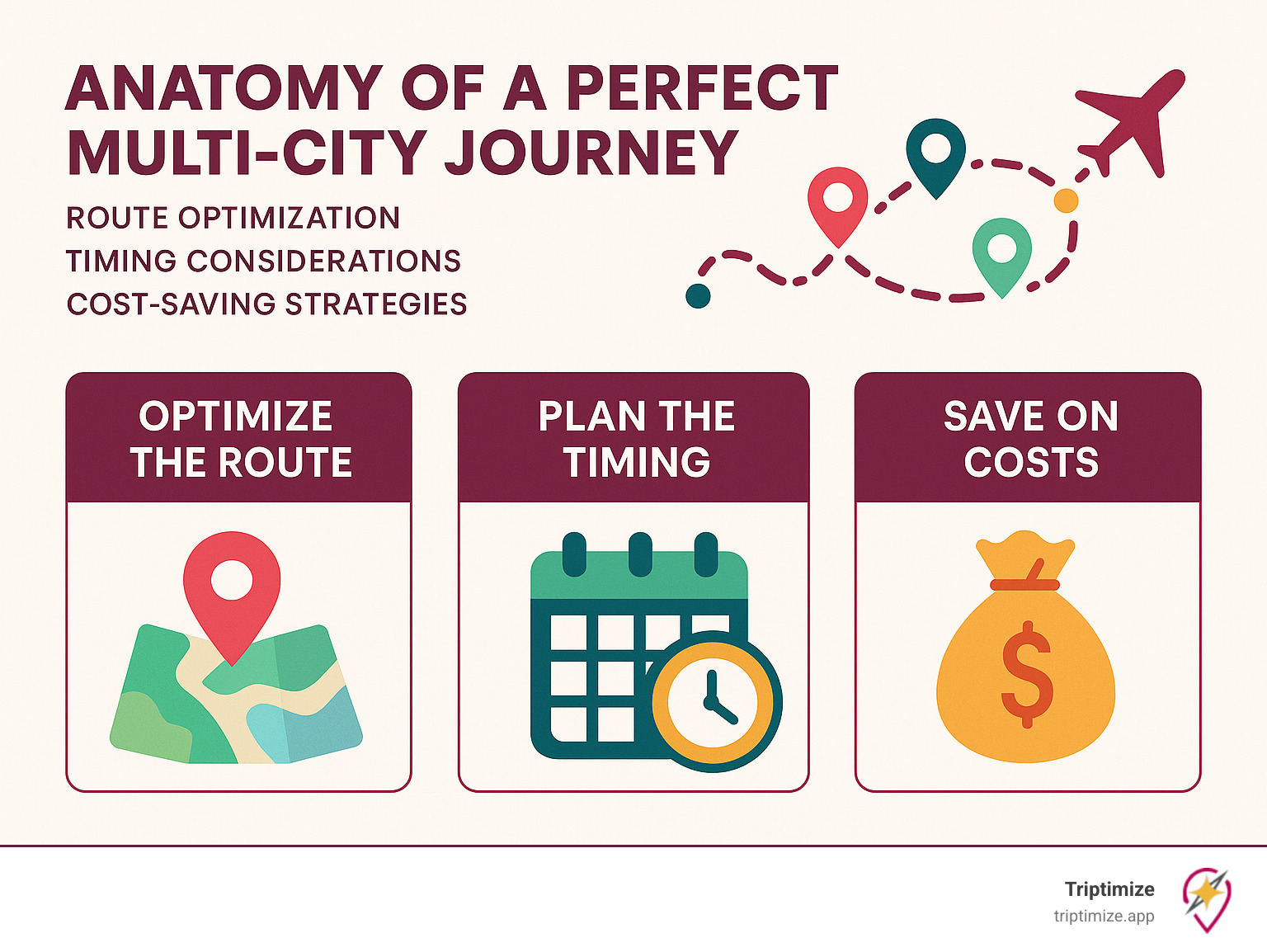 Infographic showing the anatomy of a perfect multi-city journey with route optimization, timing considerations, and cost-saving strategies - multi destination trip infographic 