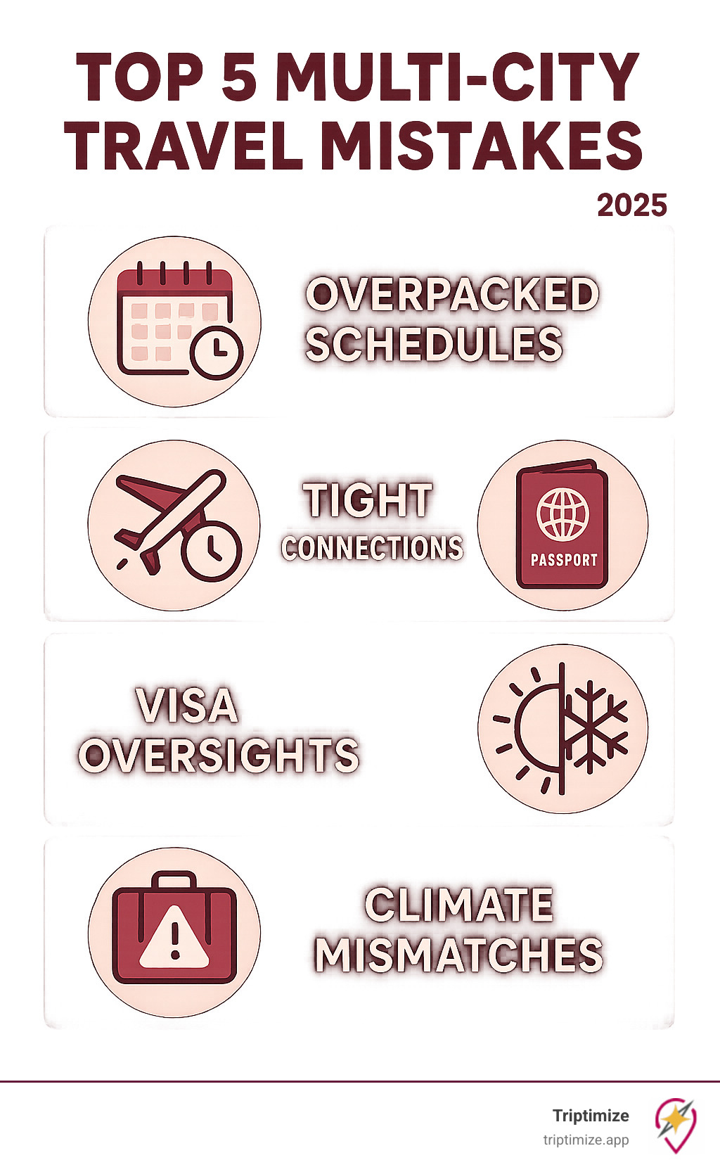 Infographic showing the top 5 multi-city travel mistakes: overpacked schedules, tight connections, visa oversights, climate mismatches, and no backup plans - multi destination trip infographic 