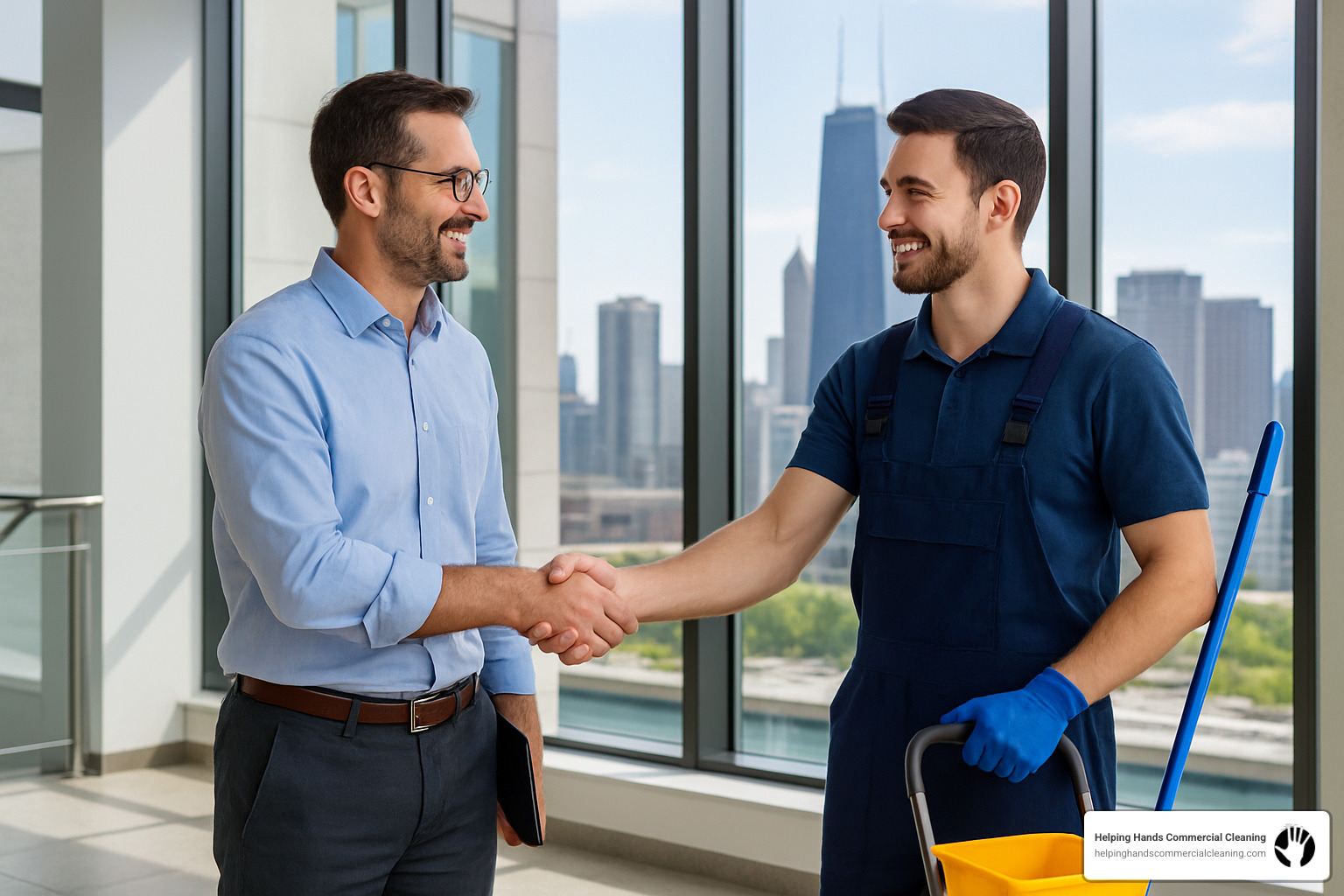 facility manager shaking hands with professional cleaner - chicago office cleaning services