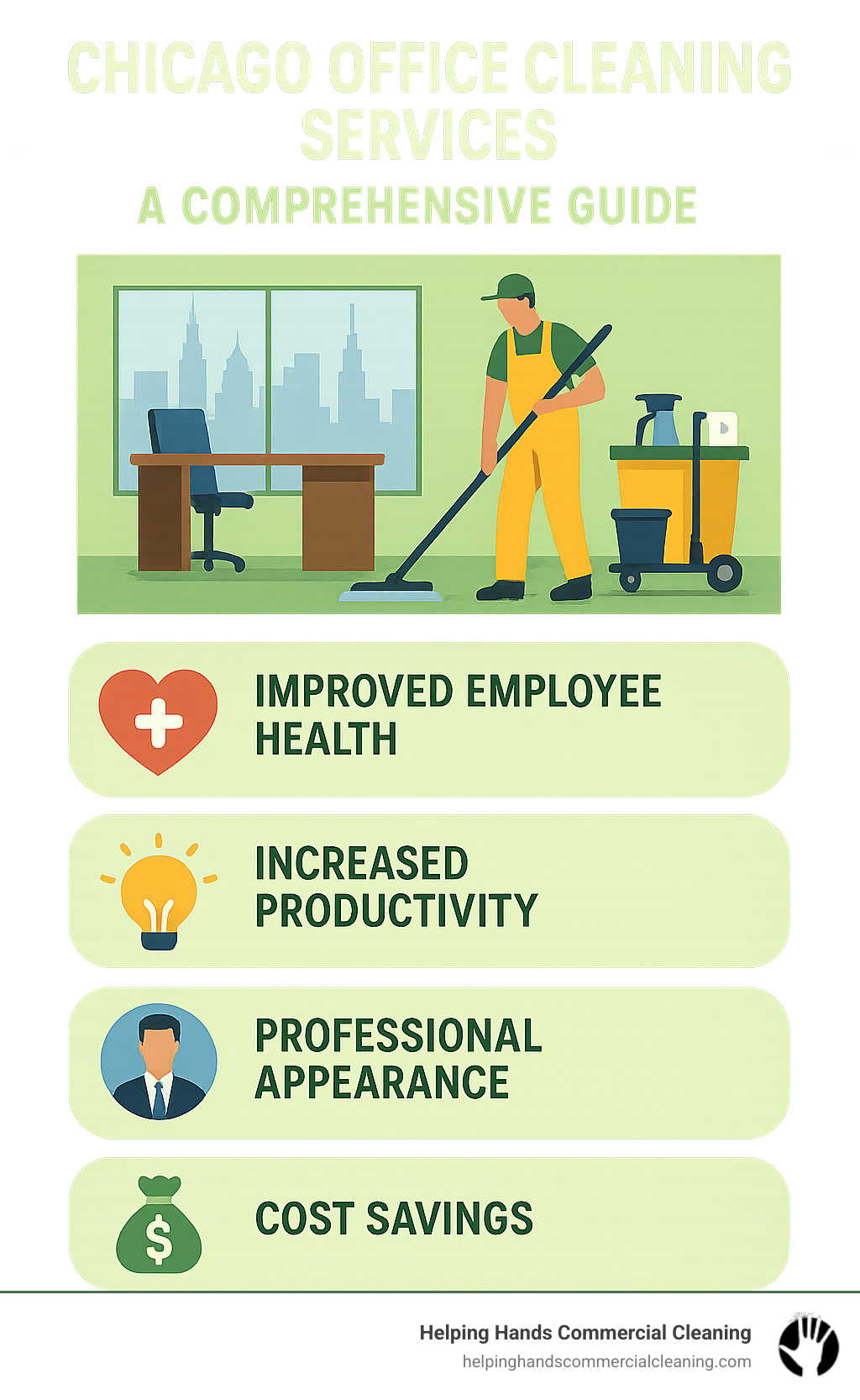 Comprehensive guide to Chicago office cleaning services showing benefits including improved employee health, increased productivity, professional appearance, and cost savings through reduced sick days and improved workplace efficiency - chicago office cleaning services infographic 