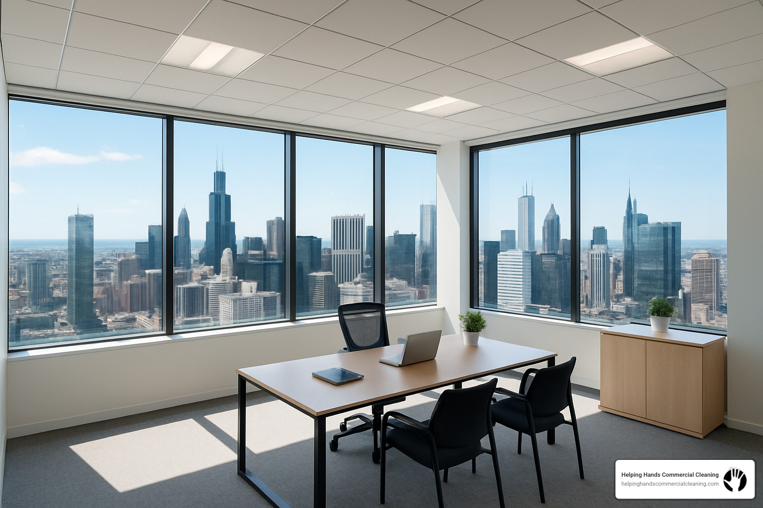 pristine modern Chicago office with skyline view - chicago office cleaning services