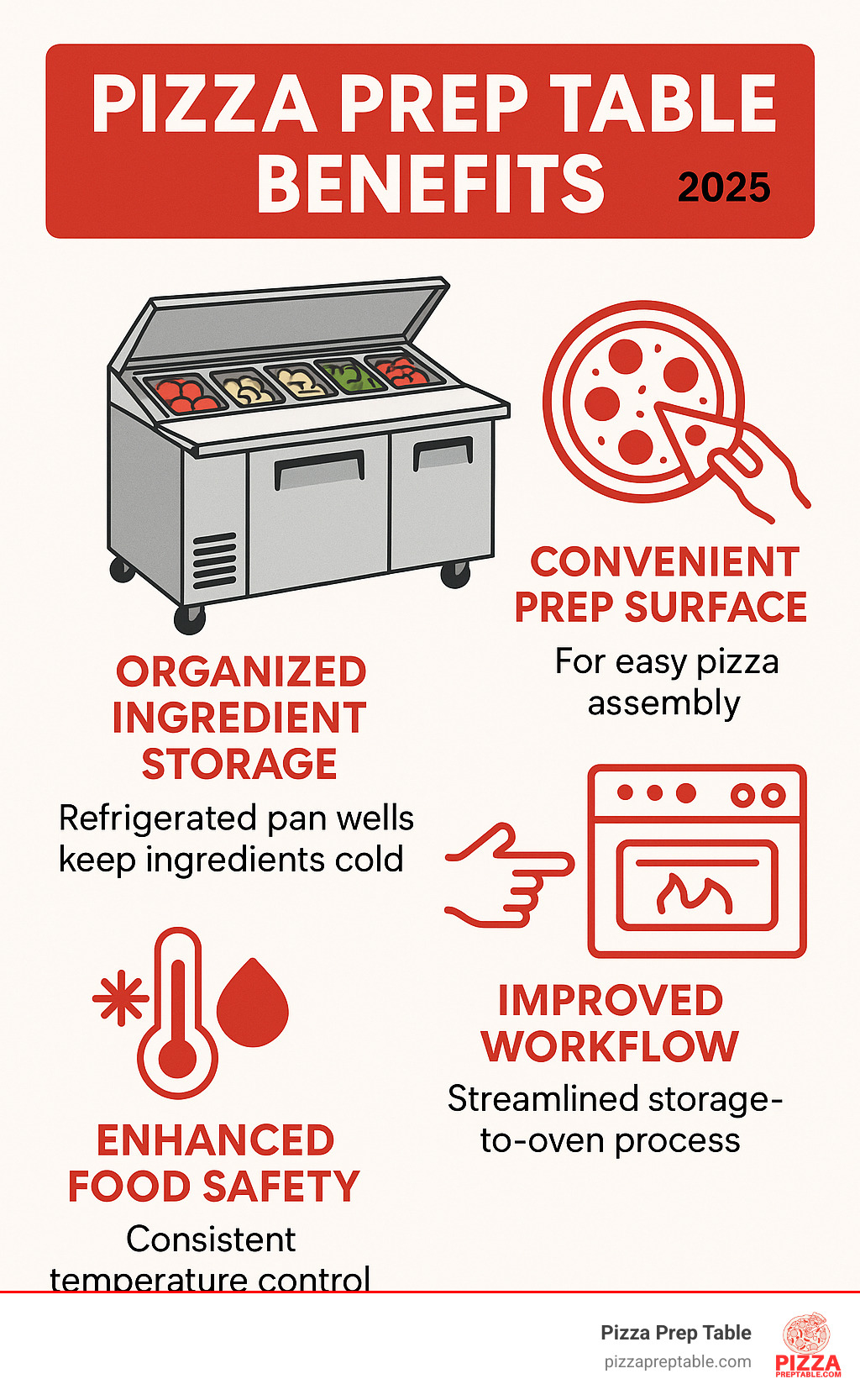 Infographic showing pizza prep table benefits: organized ingredient storage in refrigerated pan wells, convenient prep surface for pizza assembly, improved workflow from storage to oven, and improved food safety with consistent temperature control - Dukers pizza prep table infographic 