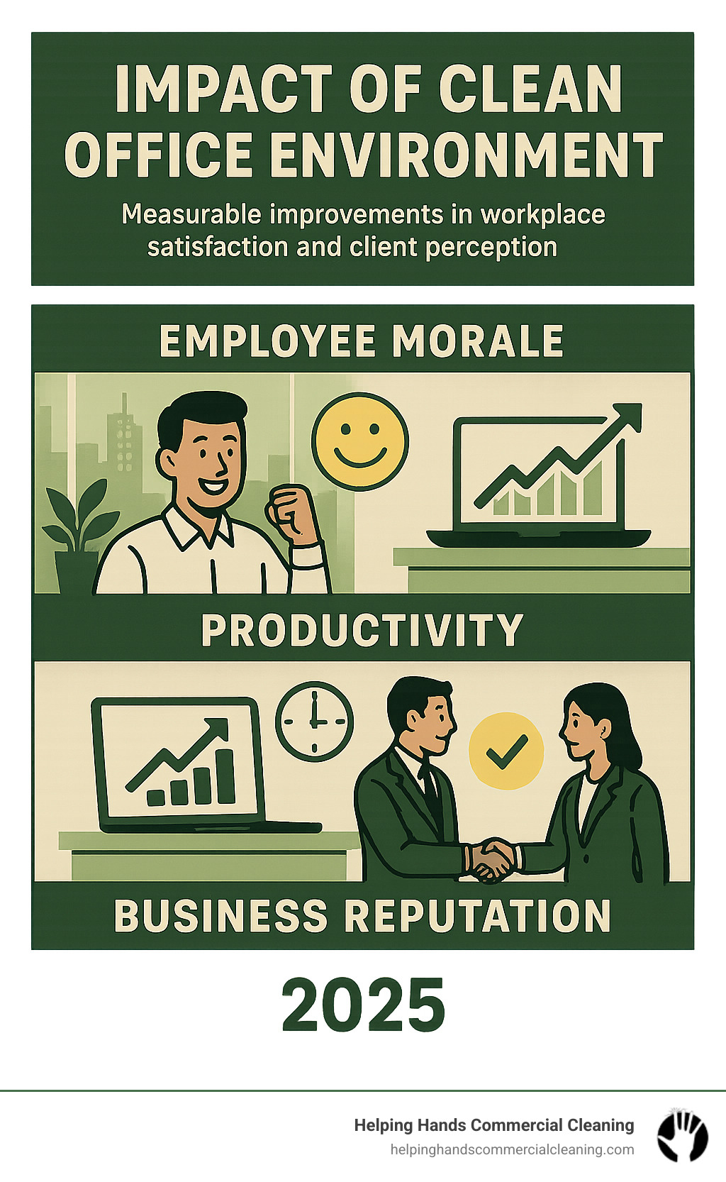 Impact of clean office environment on employee morale, productivity, and business reputation showing measurable improvements in workplace satisfaction and client perception - chicago office cleaning services infographic 