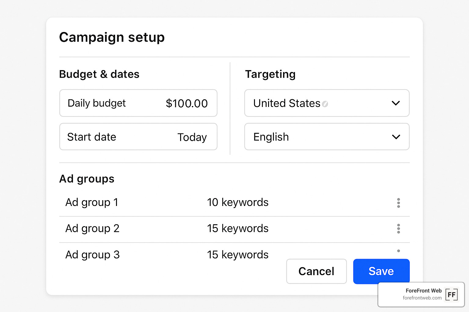 Campaign setup screen showing budget settings, targeting options, and ad group structure - paid search marketing