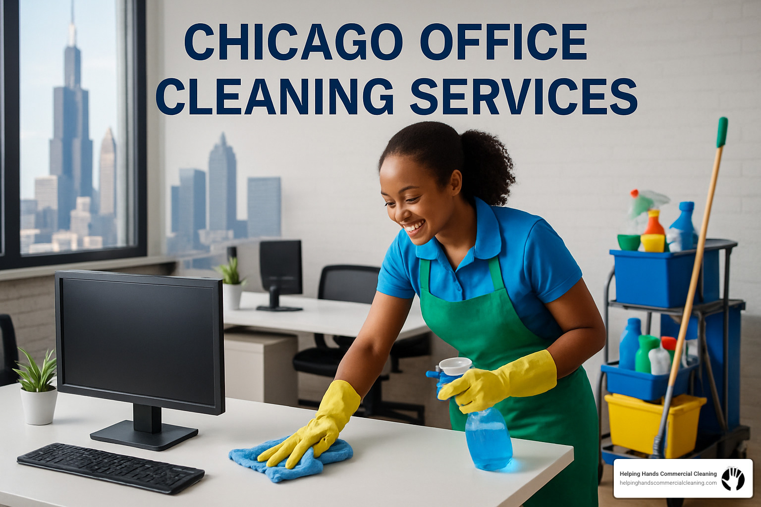 cleaner using certified green cleaning products in an office setting - chicago office cleaning services