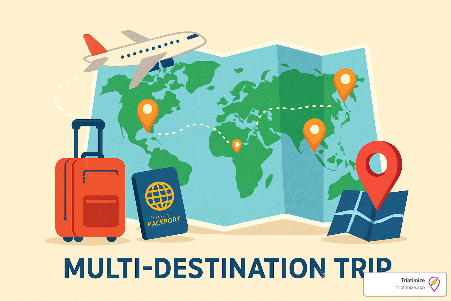 Phone displaying a multi-city timeline with flights, hotels, and activities organized by destination - multi destination trip