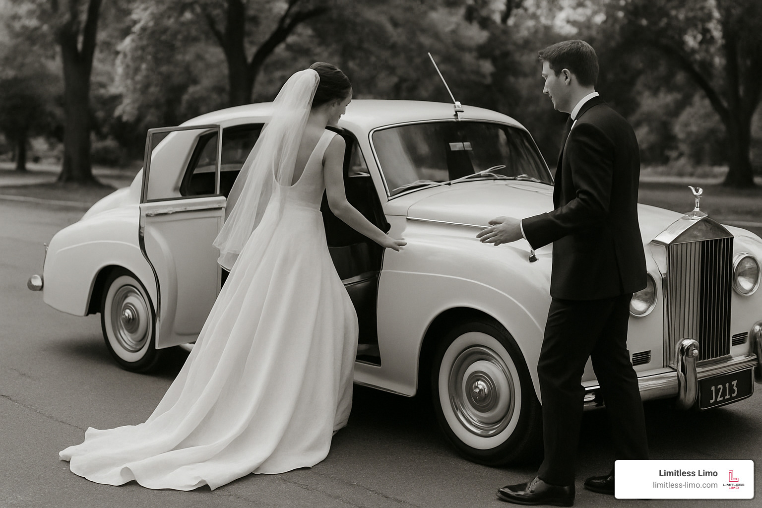 A bride and groom getting into a classic 1959 Rolls Royce - luxury limo service near me