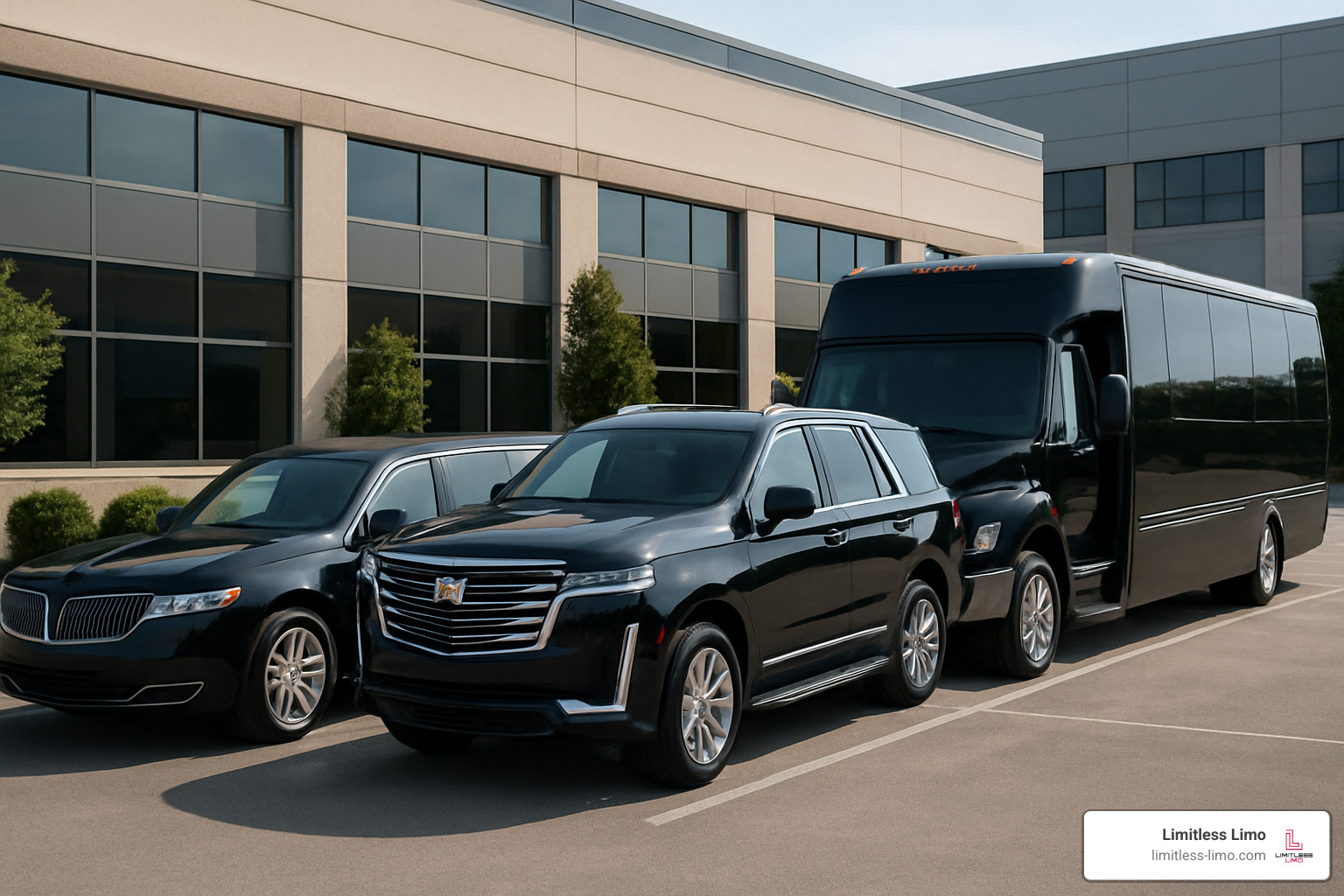 A diverse Limitless Limo fleet including a stretch limo, an executive SUV, and a party bus - luxury limo service near me