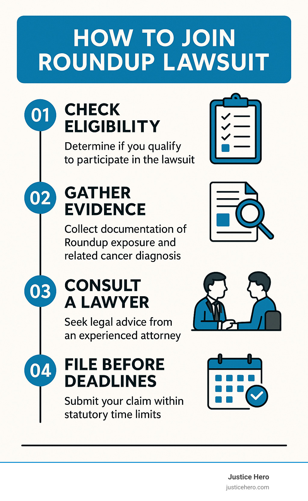 Infographic showing key steps for joining Roundup lawsuit: eligibility check, evidence gathering, legal consultation, and filing within deadlines - how to join roundup lawsuit infographic Infographic showing key steps for joining Roundup lawsuit: eligibility check, evidence gathering, legal consultation, and filing within deadlines - how to join roundup lawsuit infographic