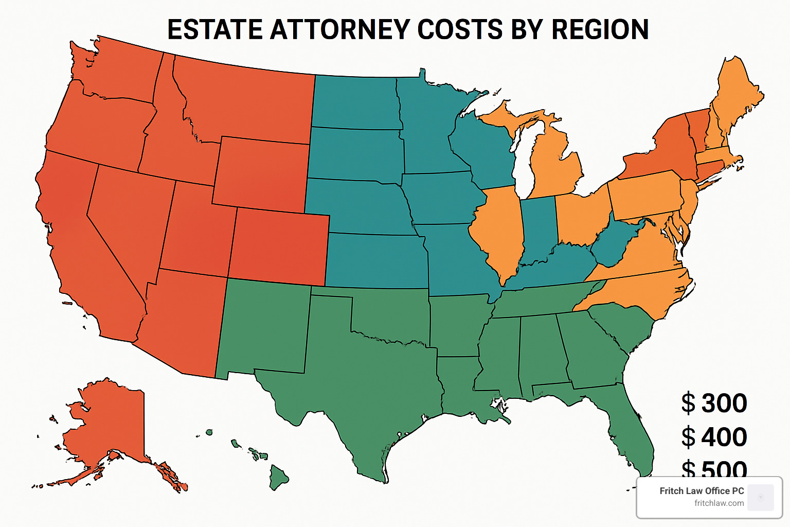 Map of US showing varied estate attorney costs by region - Estate attorney cost