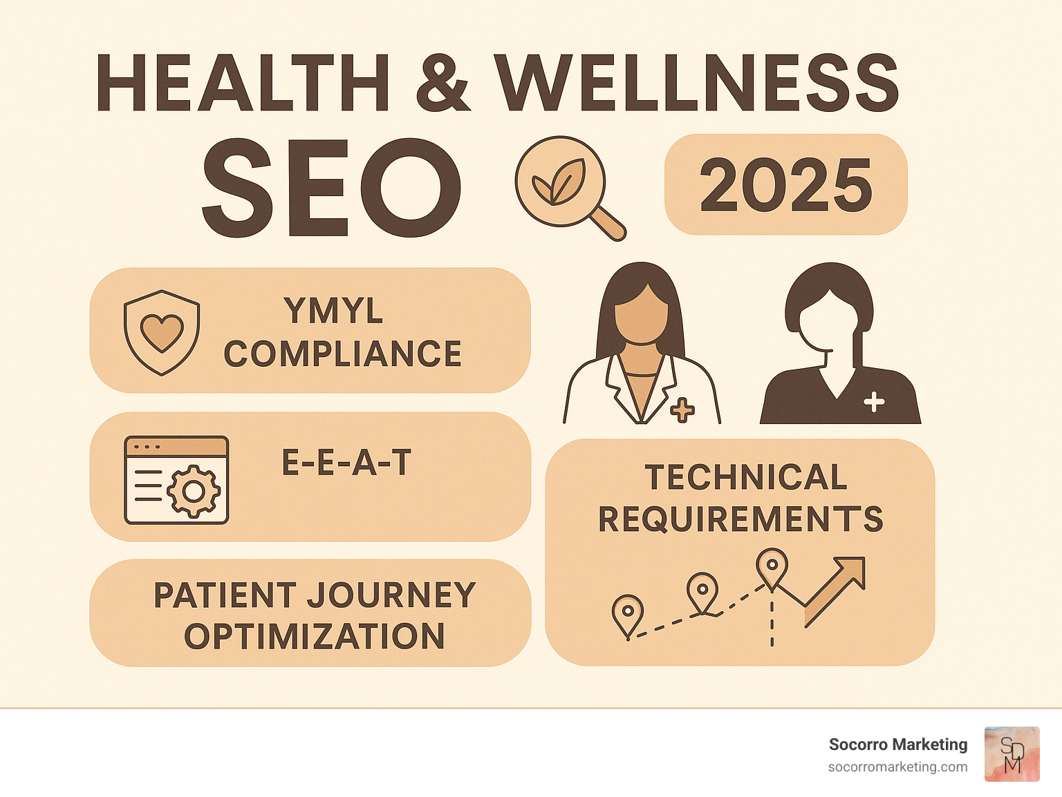 Comprehensive breakdown of health and wellness SEO components including YMYL compliance, E-E-A-T factors, technical requirements, local optimization, and patient journey optimization - health and wellness seo infographic