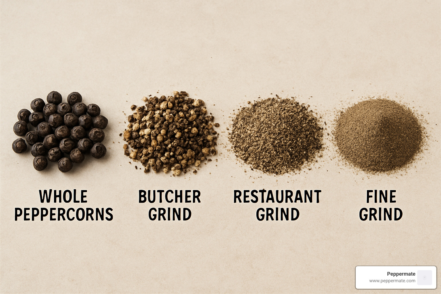 Four small piles of pepper side-by-side showing whole peppercorns, butcher grind, restaurant grind, and fine ground pepper, clearly labeled - what is restaurant grind black pepper