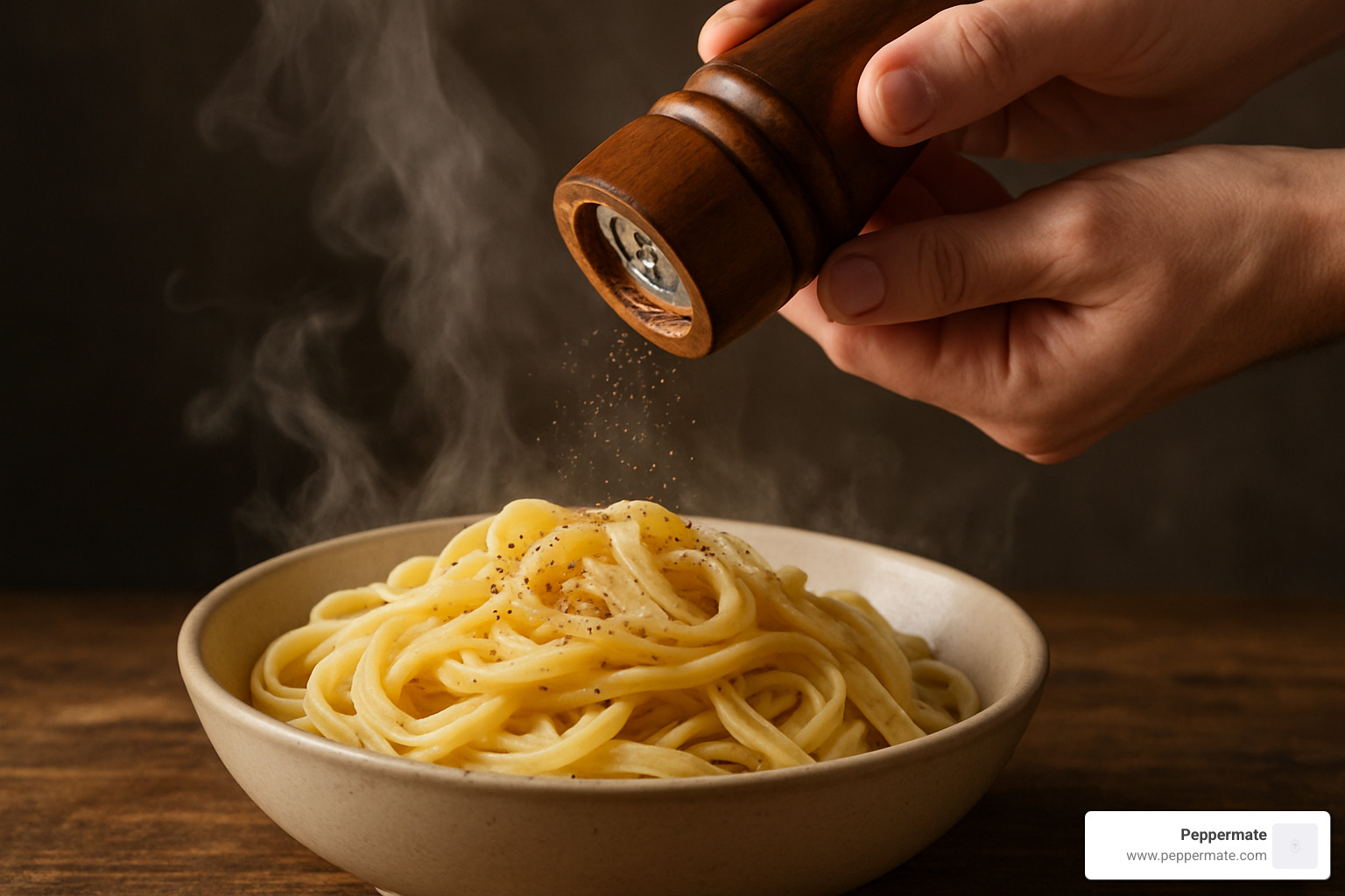 Pepper mill in action over a steaming bowl of pasta - what is restaurant grind black pepper