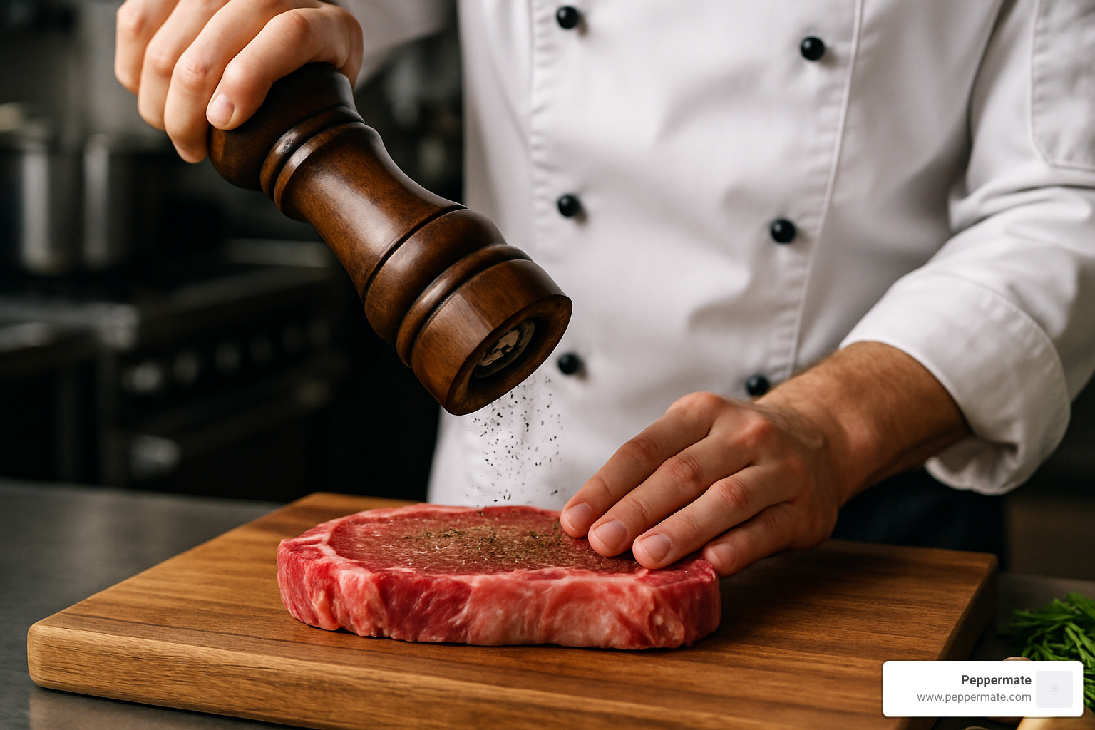 Chef sprinkling restaurant grind pepper onto a steak before cooking - what is restaurant grind black pepper
