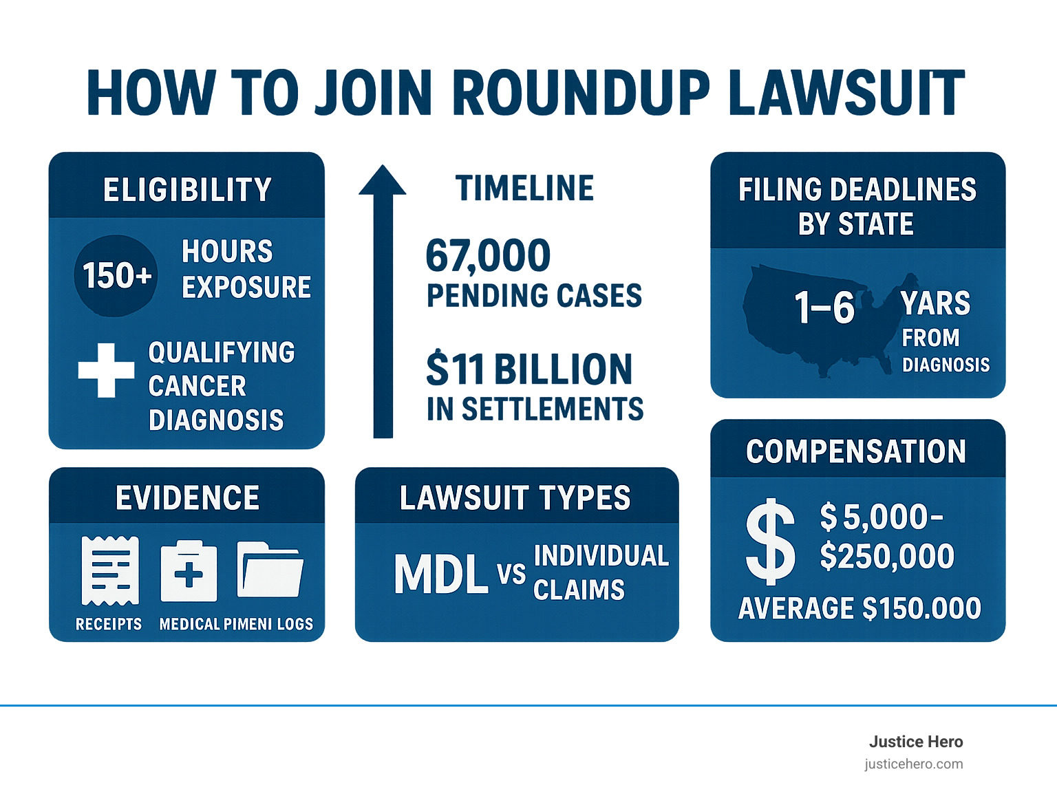 Comprehensive infographic showing the Roundup lawsuit process, including eligibility criteria (150+ hours exposure, qualifying cancer diagnosis), evidence requirements (receipts, medical records, employment logs), filing deadlines by state (1-6 years from diagnosis), lawsuit types (MDL vs individual claims), and compensation ranges ($5,000-$250,000 average $150,000), with timeline showing 67,000 pending cases and $11 billion in settlements - how to join roundup lawsuit infographic Comprehensive infographic showing the Roundup lawsuit process, including eligibility criteria (150+ hours exposure, qualifying cancer diagnosis), evidence requirements (receipts, medical records, employment logs), filing deadlines by state (1-6 years from diagnosis), lawsuit types (MDL vs individual claims), and compensation ranges ($5,000-$250,000 average $150,000), with timeline showing 67,000 pending cases and $11 billion in settlements - how to join roundup lawsuit infographic