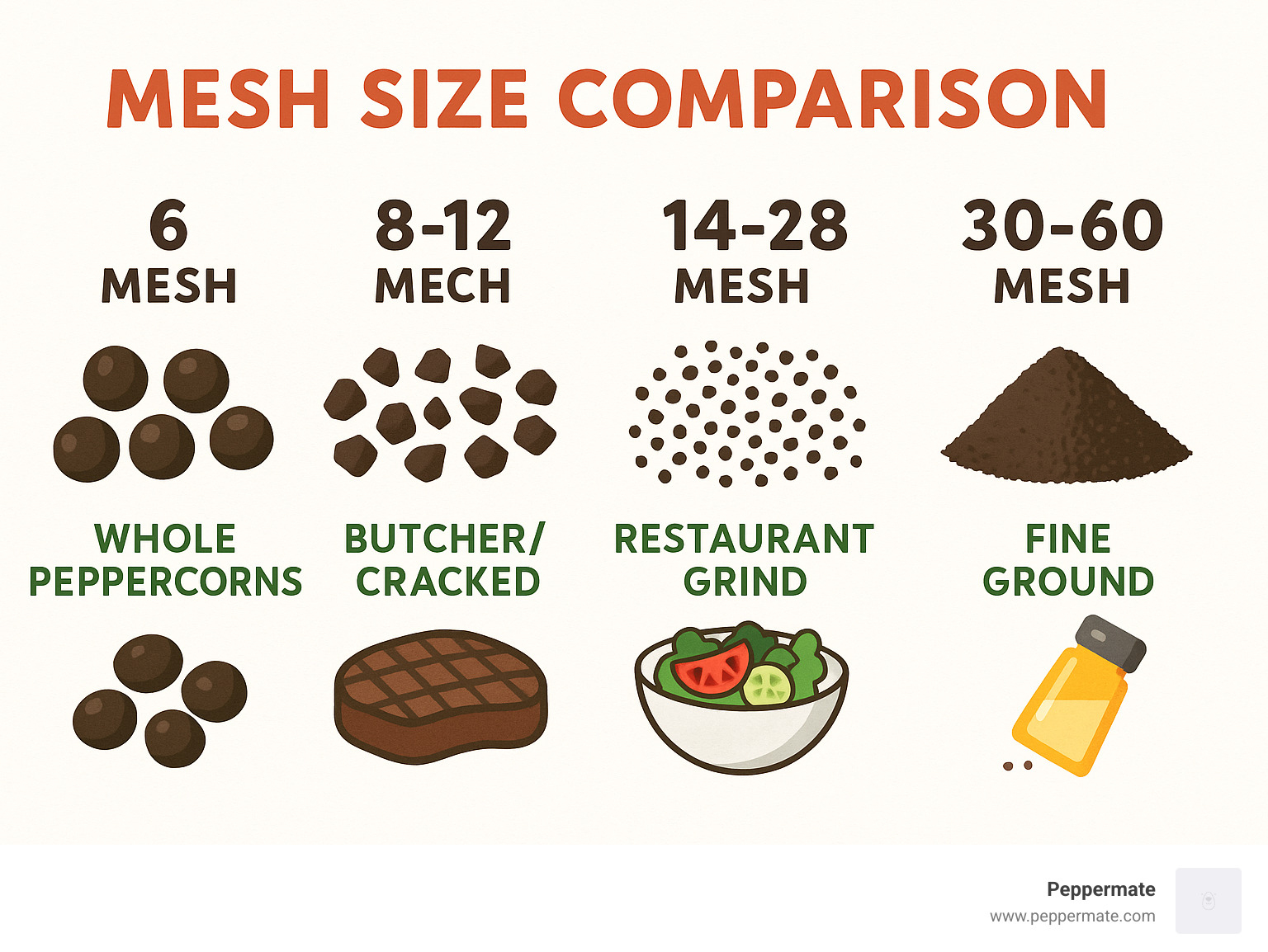 Infographic showing mesh size comparison: 6 mesh (whole peppercorns), 8-12 mesh (butcher/cracked), 14-28 mesh (restaurant grind), and 30-60 mesh (fine ground), with visual representations of particle sizes and their common culinary applications - what is restaurant grind black pepper infographic 