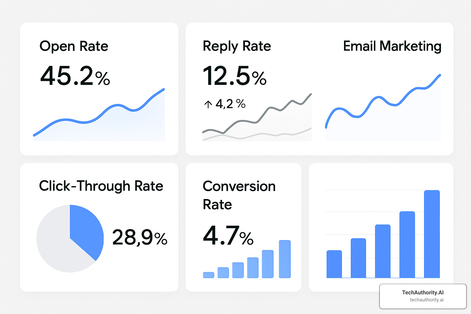 Analytics dashboard highlighting key email metrics including open rate, reply rate, click-through rate, and conversion percentages with trending graphs - automated follow up emails Analytics dashboard highlighting key email metrics including open rate, reply rate, click-through rate, and conversion percentages with trending graphs - automated follow up emails