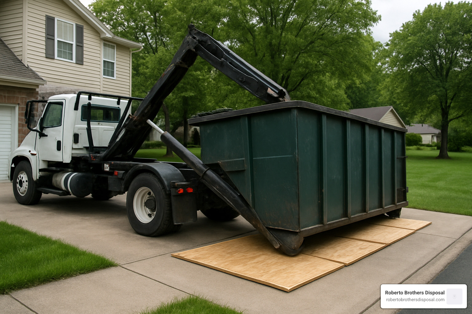 Roll-off truck carefully placing a dumpster on a protected driveway - roll off dumpster rental