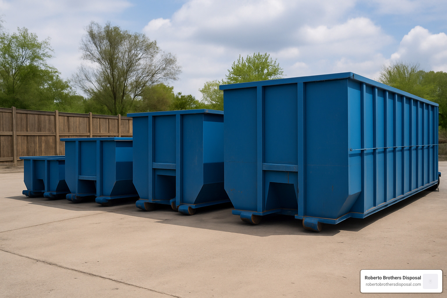 Different sized roll-off dumpsters lined up showing size comparison - roll off dumpster rental