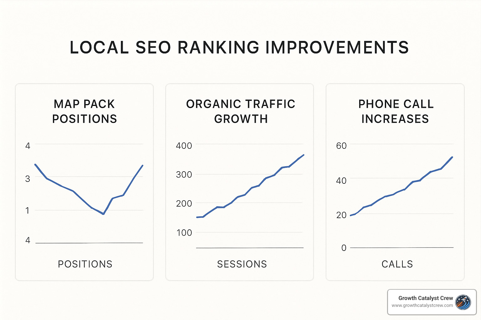 Dashboard showing local ranking improvements with graphs displaying map pack positions, organic traffic growth, and phone call increases over time - local seo experts