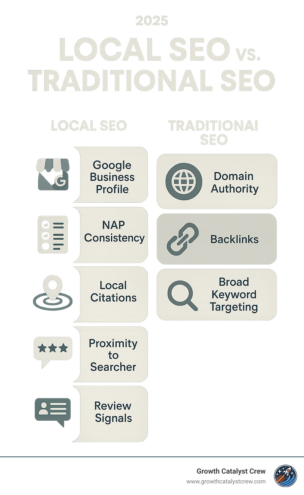 Infographic showing the key differences between local SEO and traditional SEO, including local ranking factors like Google Business Profile, NAP consistency, local citations, proximity to searcher, and review signals versus traditional SEO factors like domain authority, backlinks, and broad keyword targeting - local seo experts infographic