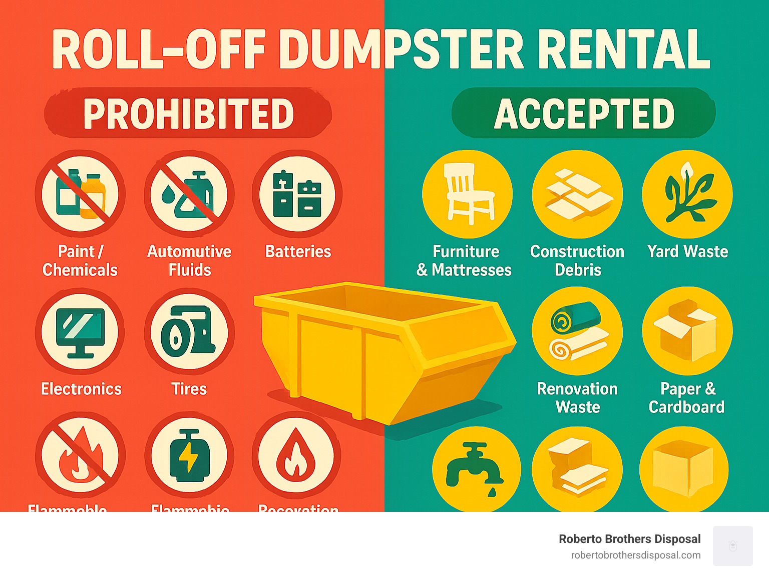 Infographic showing prohibited vs. accepted materials in roll-off dumpsters with clear visual icons - roll off dumpster rental infographic