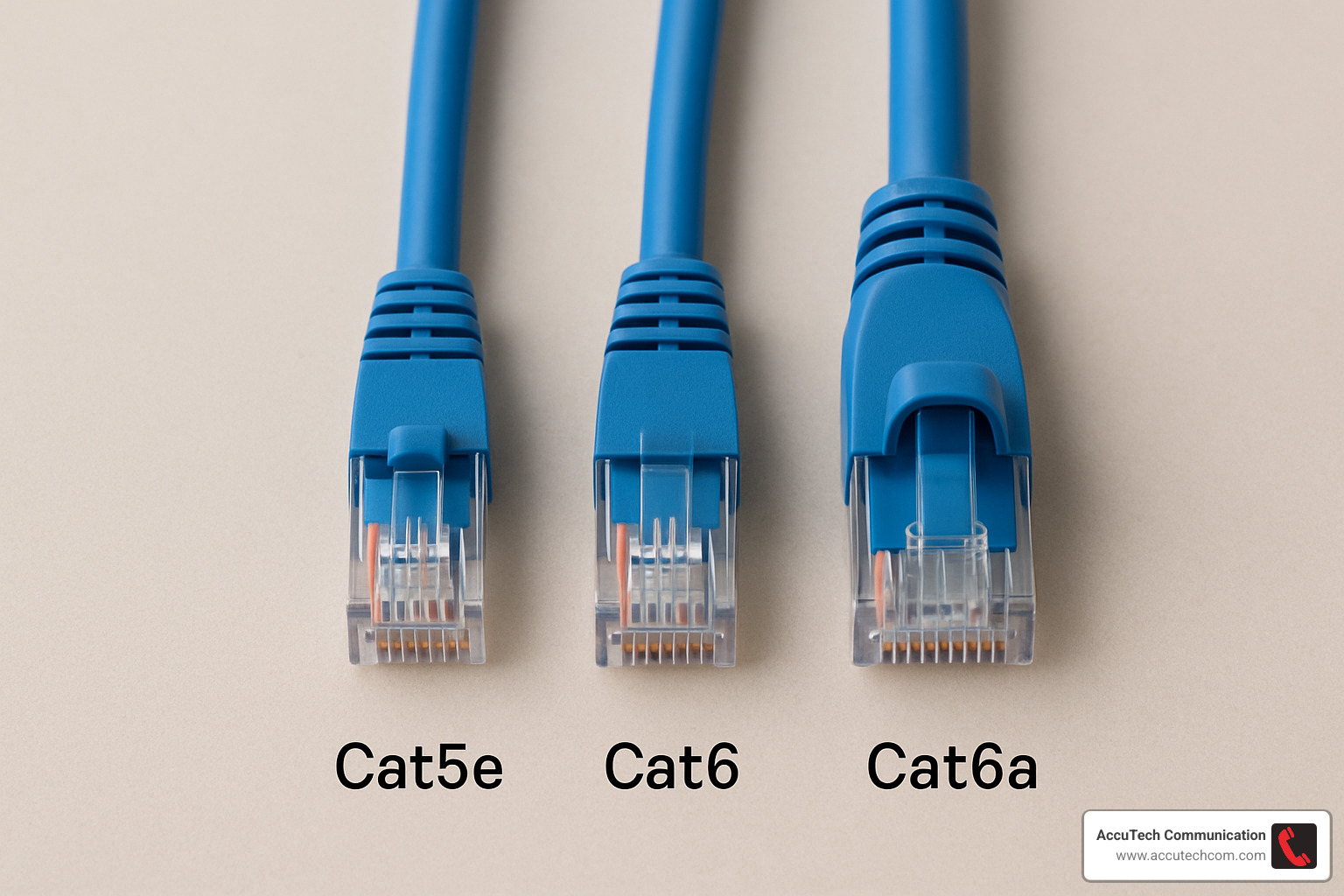 Cat5e, Cat 6, and Cat6a cables side-by-side, highlighting differences in thickness - cat 6 cable cost