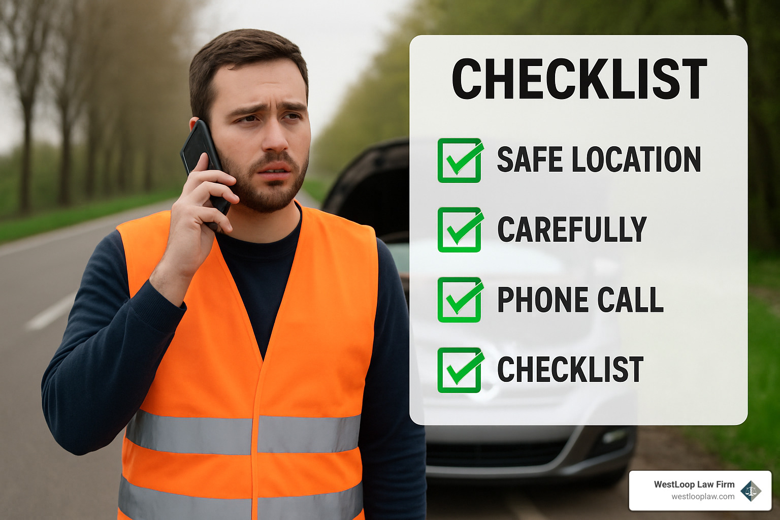 Person safely on roadside making phone call with checklist overlay - 18 wheeler accident attorneys