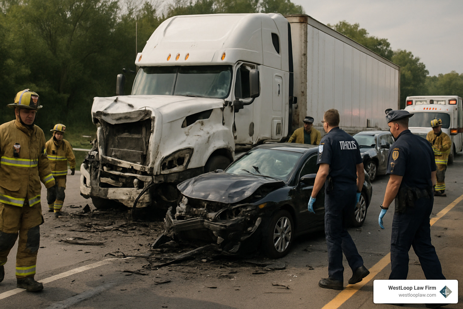Serious truck accident scene showing damaged vehicles and emergency responders - 18 wheeler accident attorneys