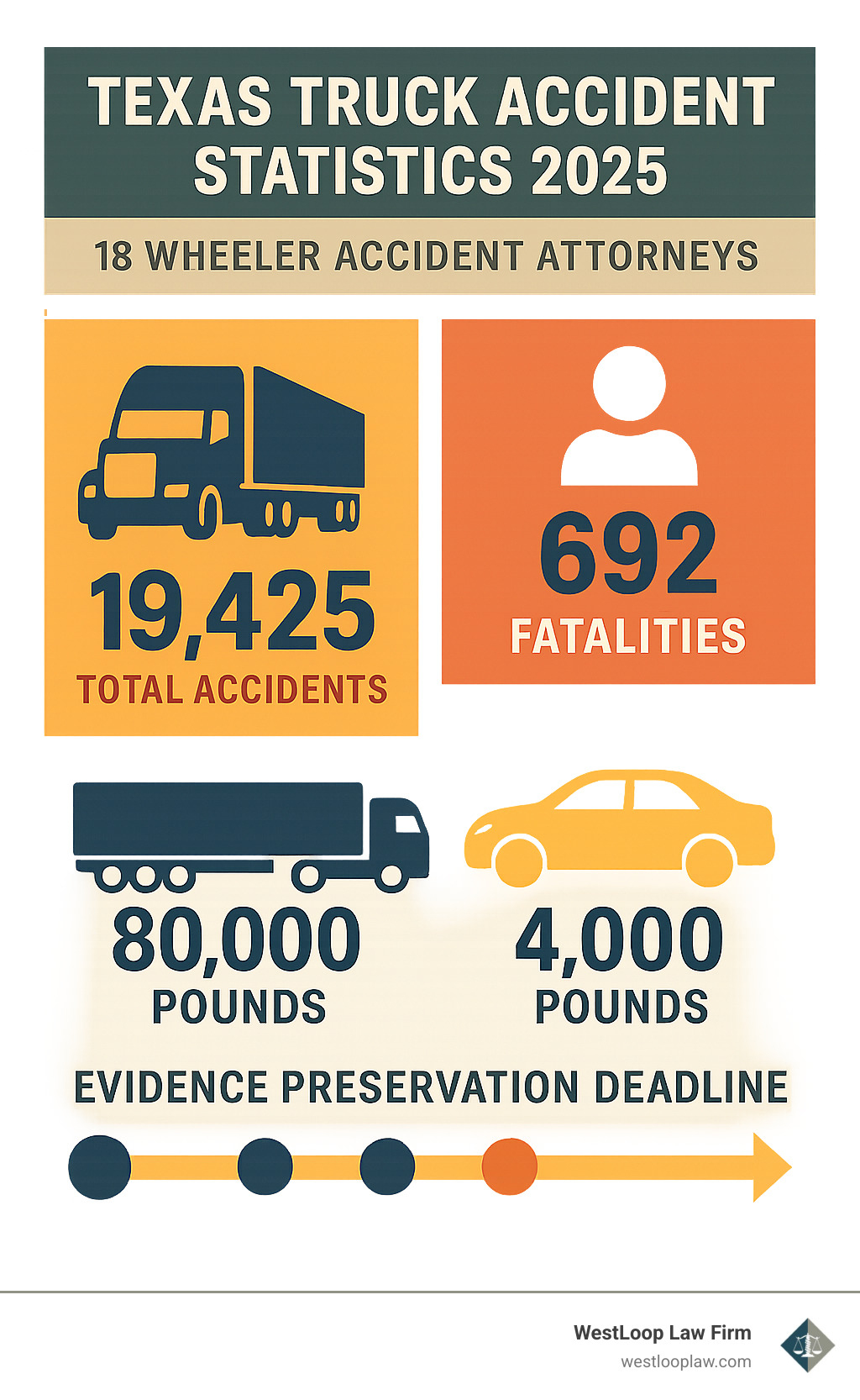 Infographic showing Texas truck accident statistics including 19,425 total accidents, 692 fatalities, weight comparison of 80,000 pound truck vs 4,000 pound car, and timeline showing evidence preservation deadlines - 18 wheeler accident attorneys infographic 