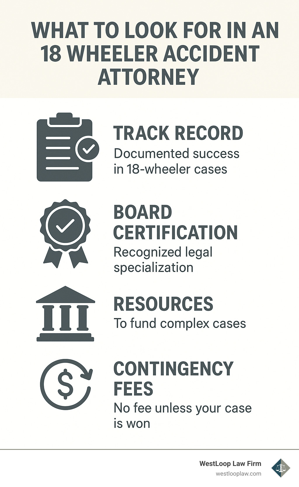 Infographic showing attorney selection criteria including track record, board certification, resources, and contingency fees - 18 wheeler accident attorneys infographic 