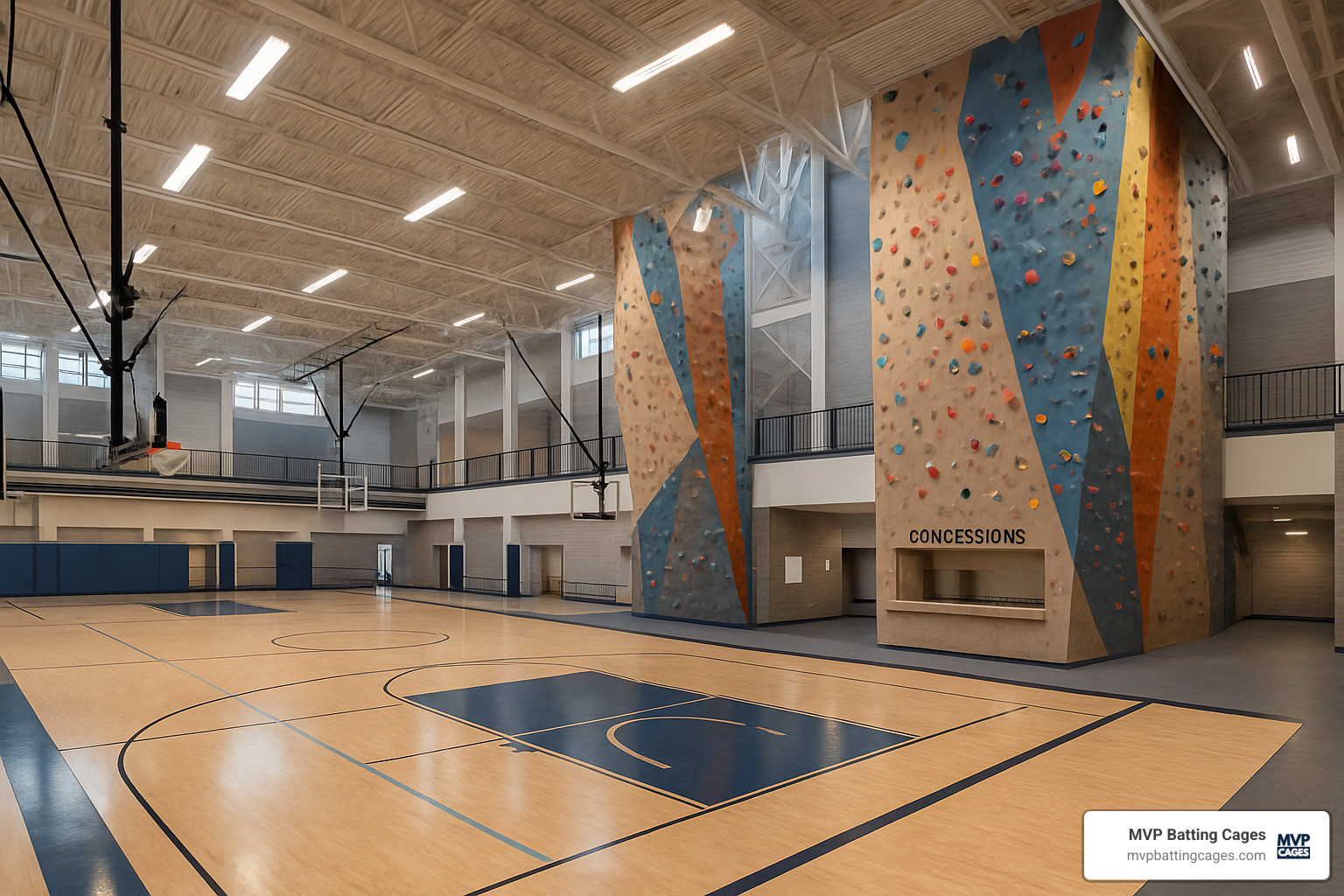 Large complex showcasing different areas like basketball courts, a climbing wall, and a concession stand - indoor sports complex