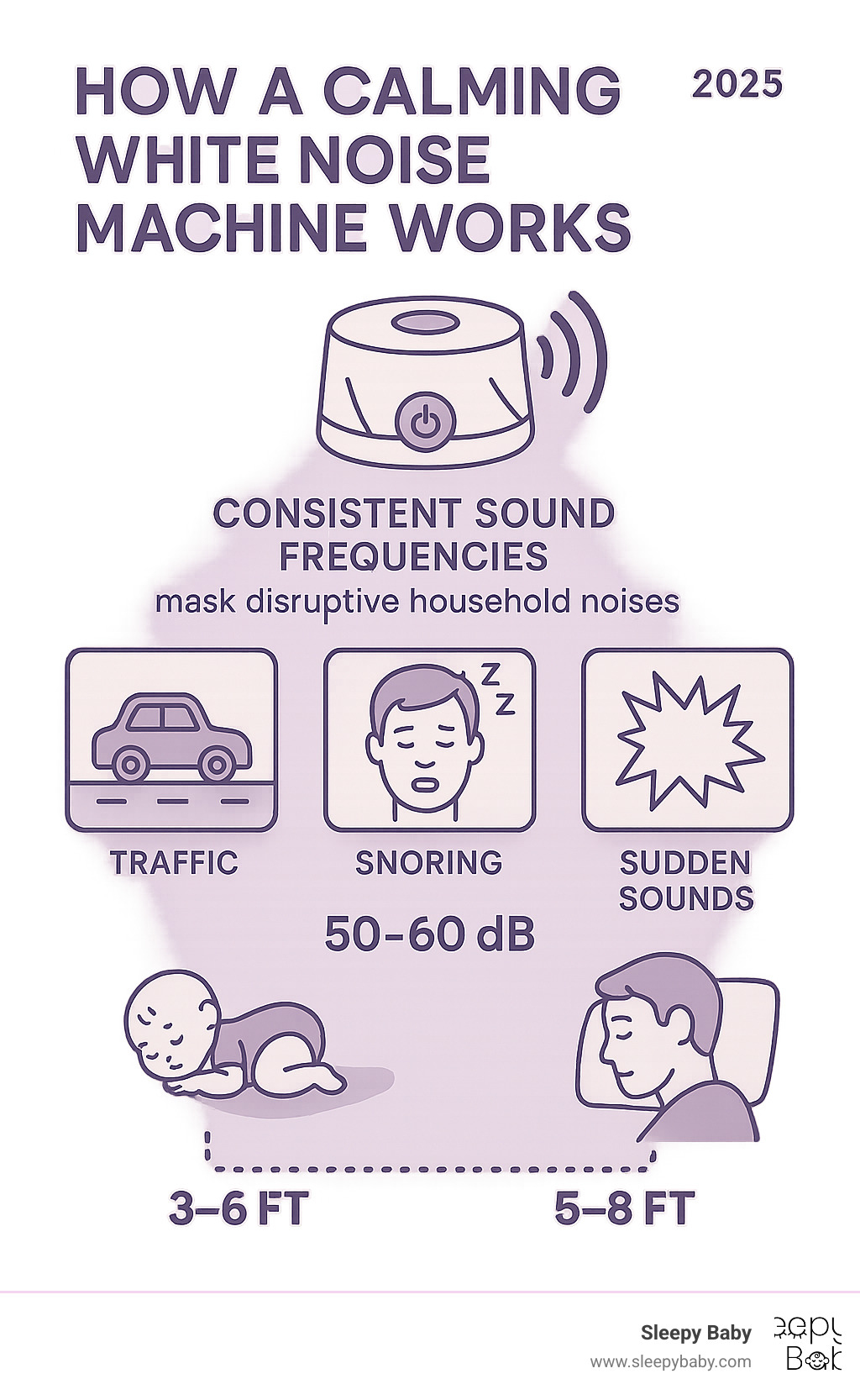 Infographic showing how white noise machines create consistent sound frequencies that mask disruptive household noises like traffic, snoring, and sudden sounds, with decibel levels and optimal placement distances for babies and adults - calming white noise machine infographic 