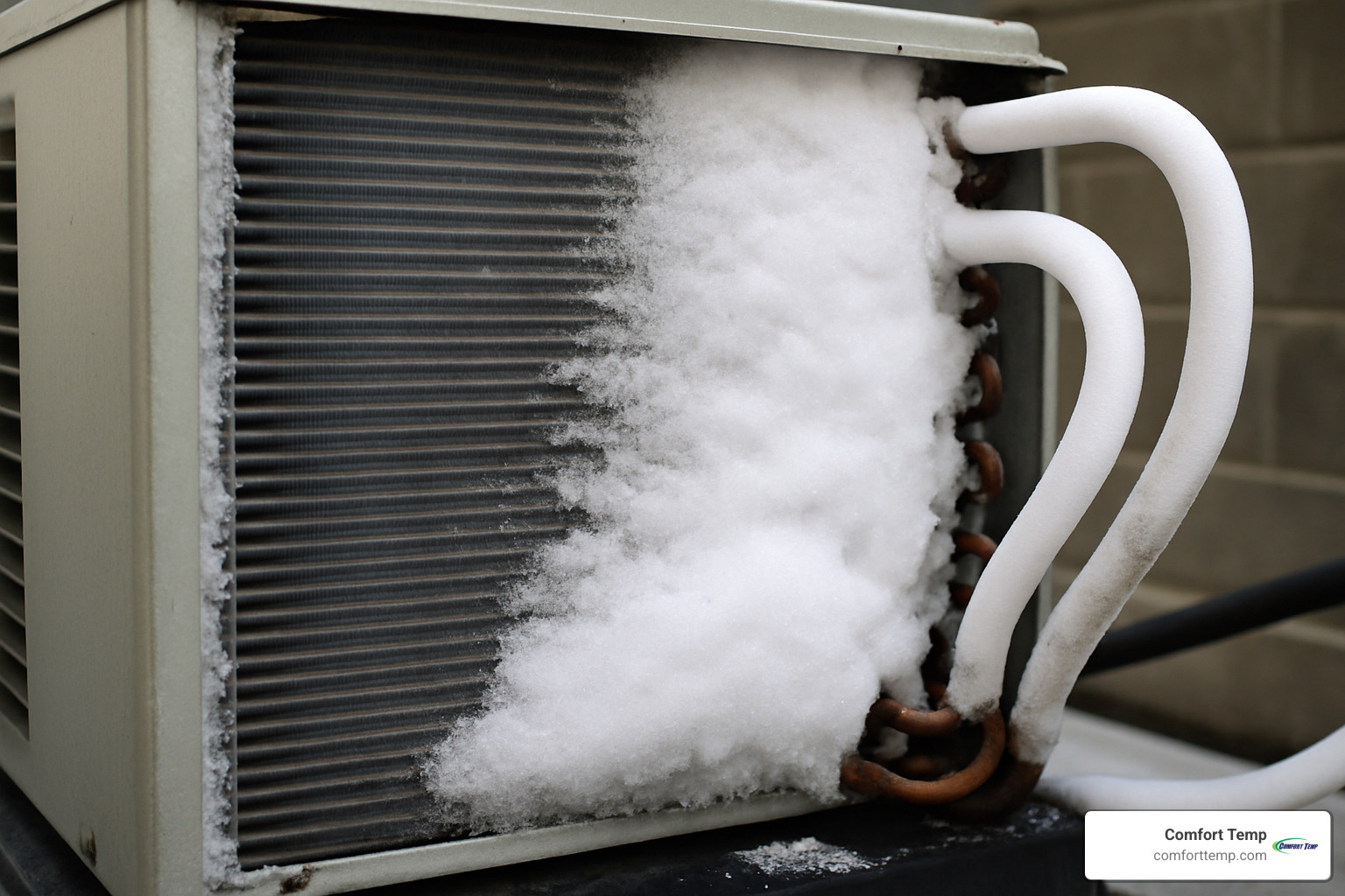 AC unit with ice buildup on evaporator coils showing frozen refrigerant lines and frost accumulation - air conditioning repair