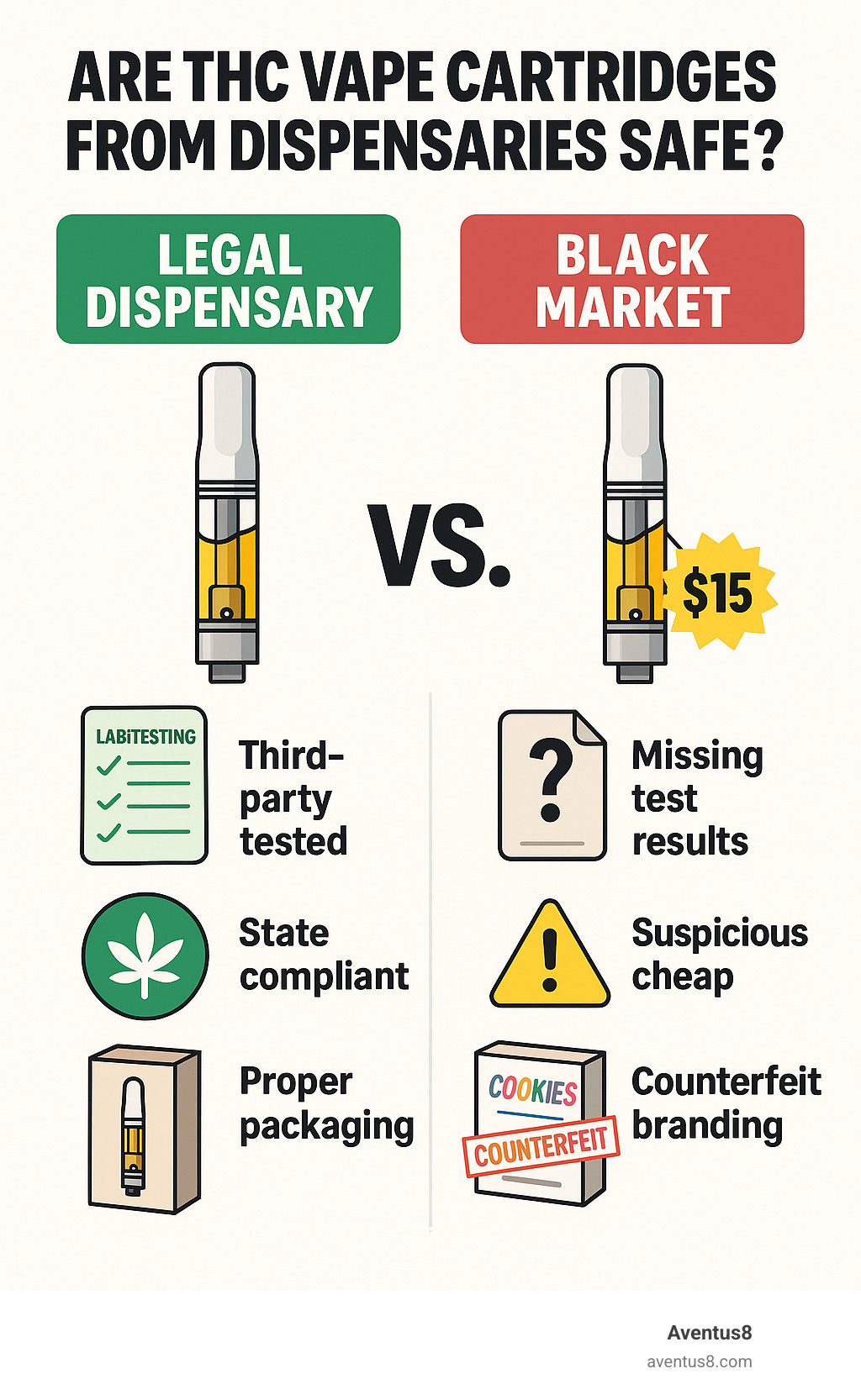 Infographic comparing legal dispensary vape cartridges with third-party lab testing certificates, state compliance logos, and proper packaging versus black market cartridges showing missing test results, suspicious pricing, and counterfeit branding - are thc vape cartridges from dispensaries safe infographic 