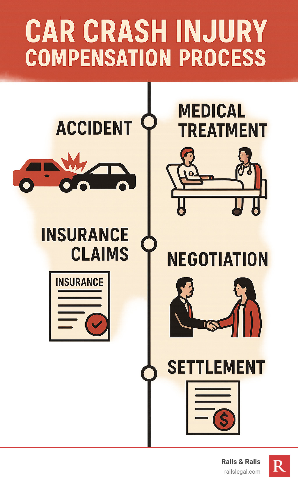 Infographic showing the car crash injury compensation process from accident scene through medical treatment, insurance claims, negotiation, and final settlement with timeline markers and key decision points - car crash injury compensation infographic 