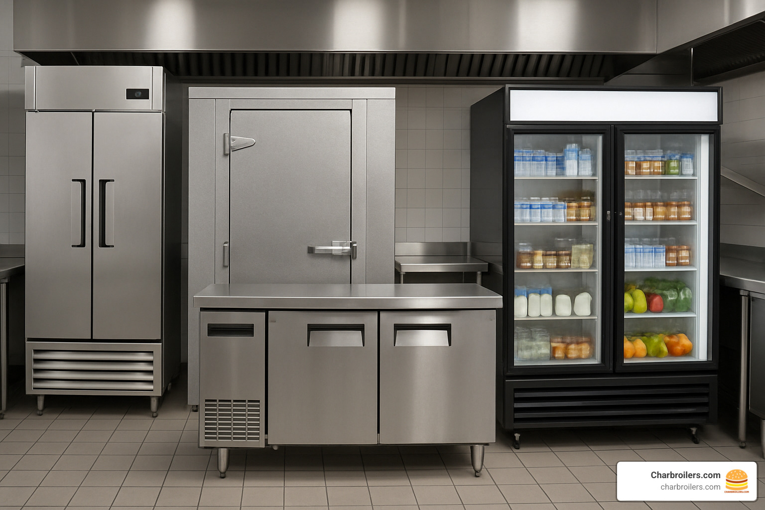 Different types of commercial refrigerators displayed in a commercial kitchen setting including reach-in units, walk-in coolers, undercounter models, and glass door merchandisers - commercial refrigerators