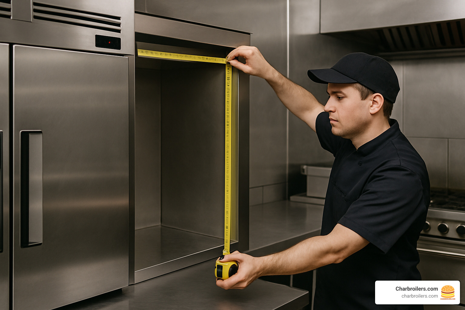 Person measuring space in a commercial kitchen while planning refrigerator placement - commercial refrigerators