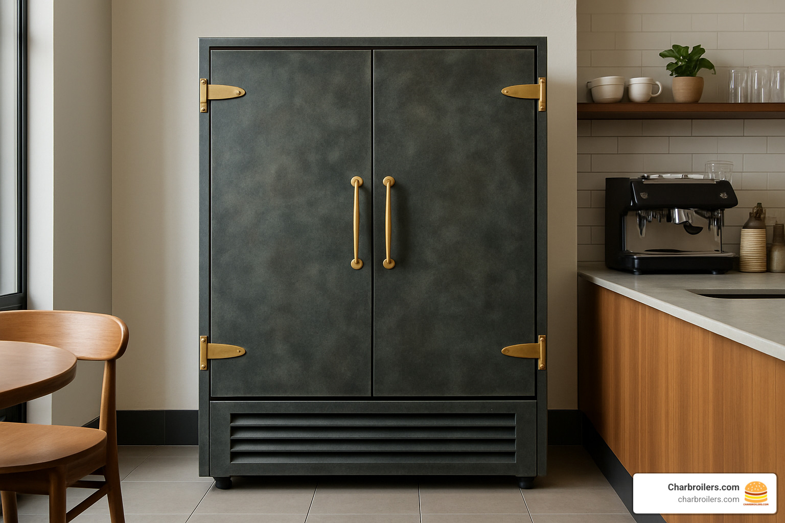 Custom-finished commercial refrigerator with unique hardware in a modern cafe setting - commercial refrigerators