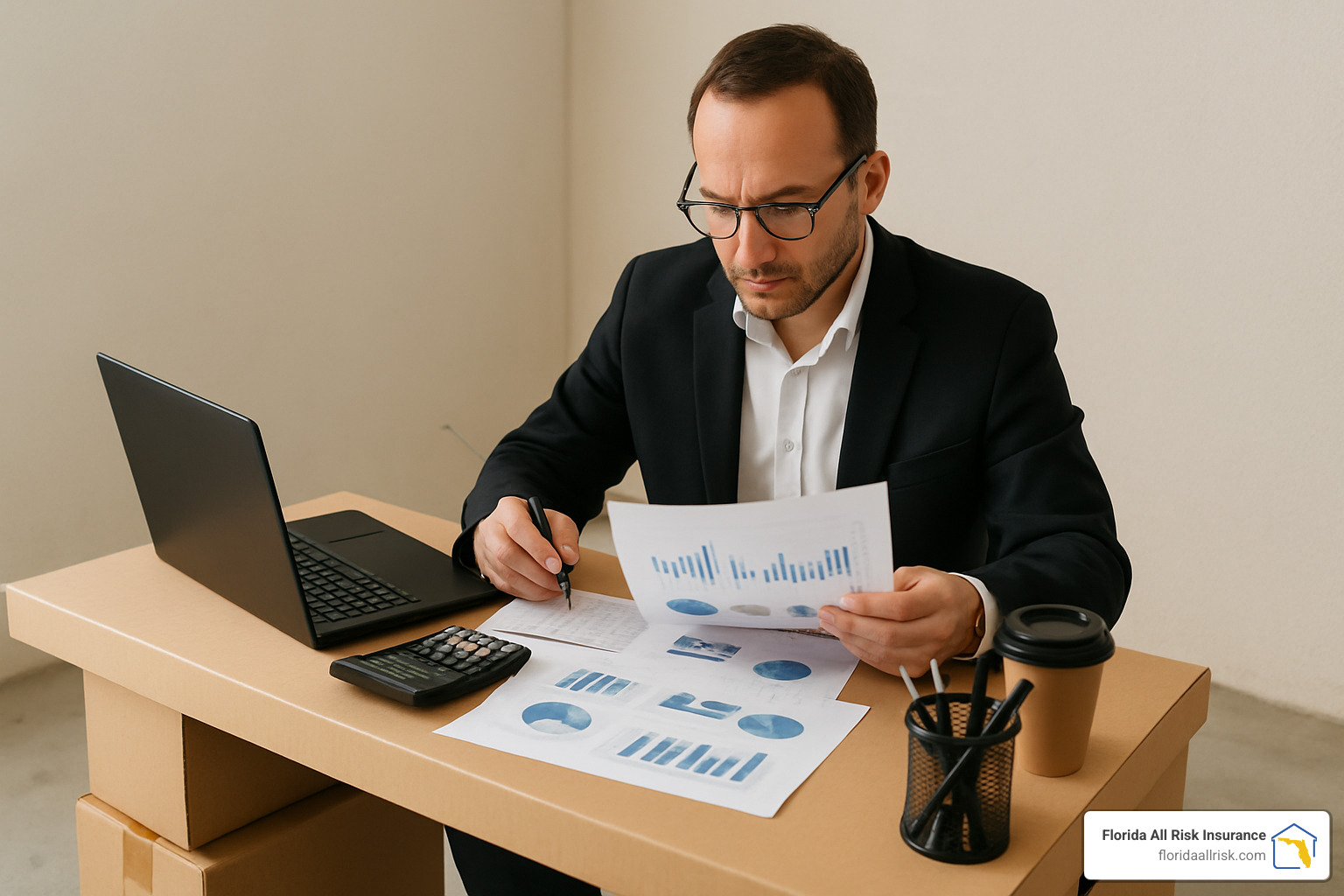 Business owner reviewing financial documents at a temporary desk setup - commercial property and business interruption insurance
