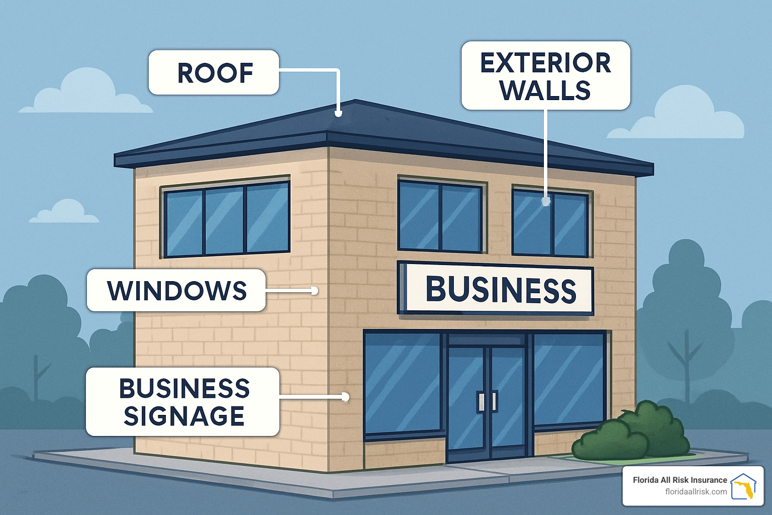 Commercial building with callouts showing different covered items including roof, windows, signage, and interior elements - commercial property and business interruption insurance