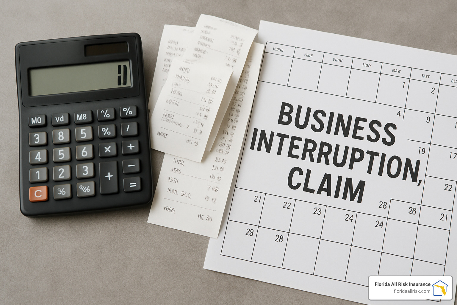 Calculator, receipts, and calendar symbolizing the business interruption claim calculation process - commercial property and business interruption insurance