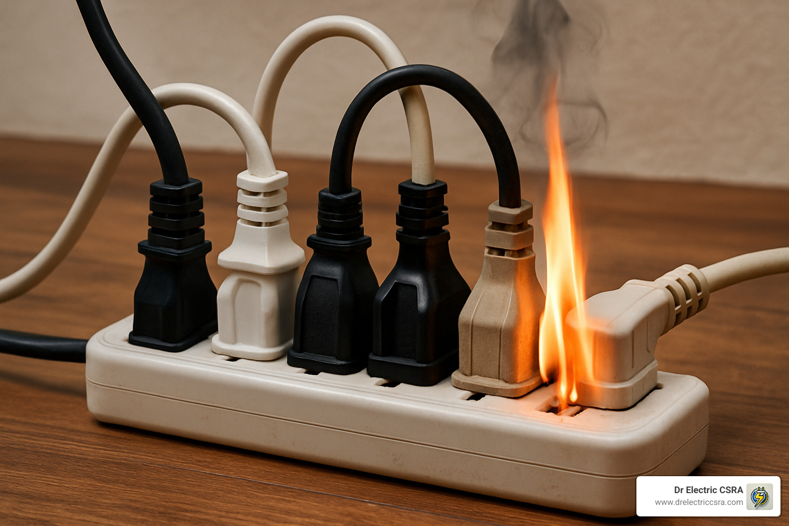 Overloaded power strip with multiple plugs and extension cords - 200 amp service for house