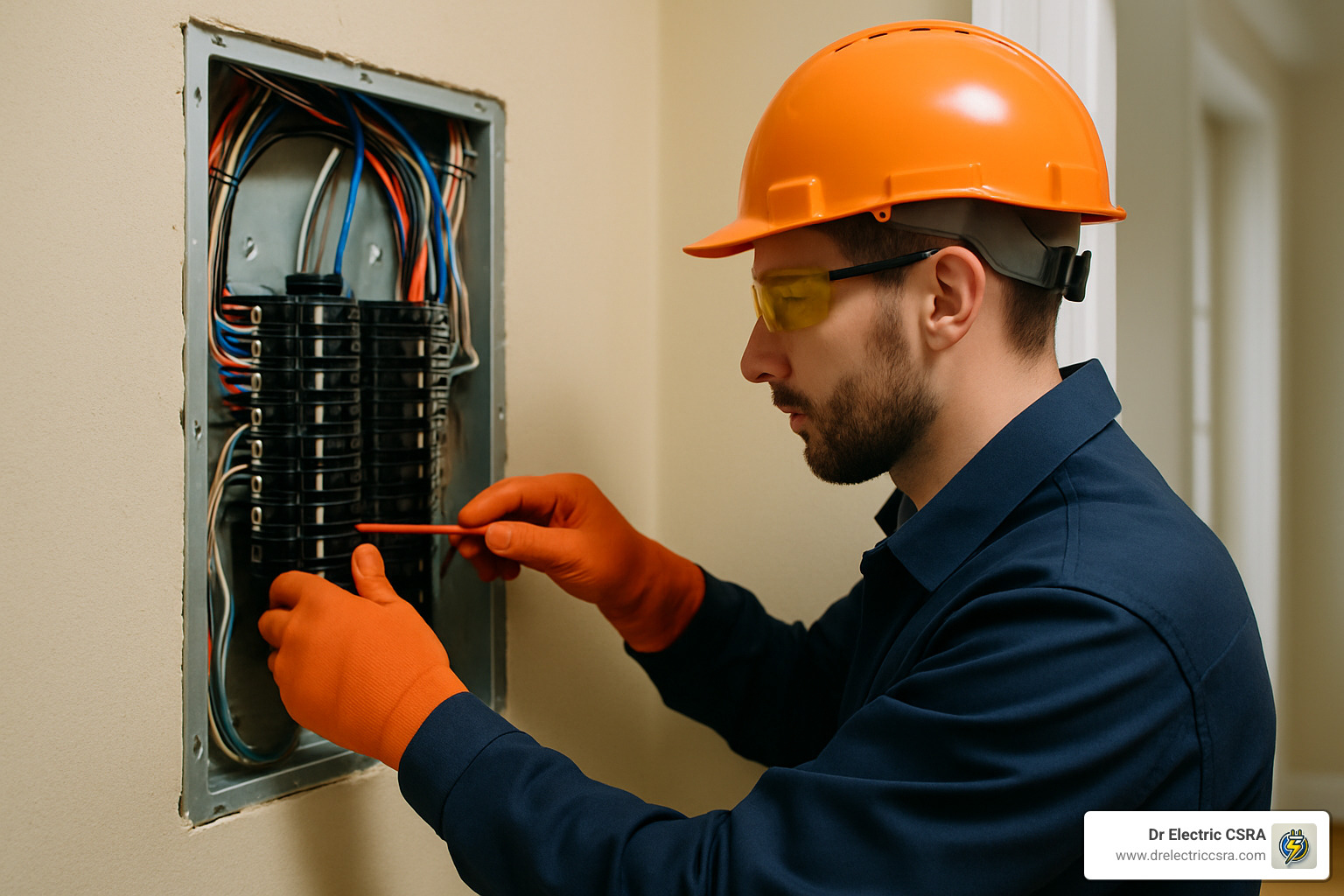 Licensed electrician working on electrical panel installation - 200 amp service for house