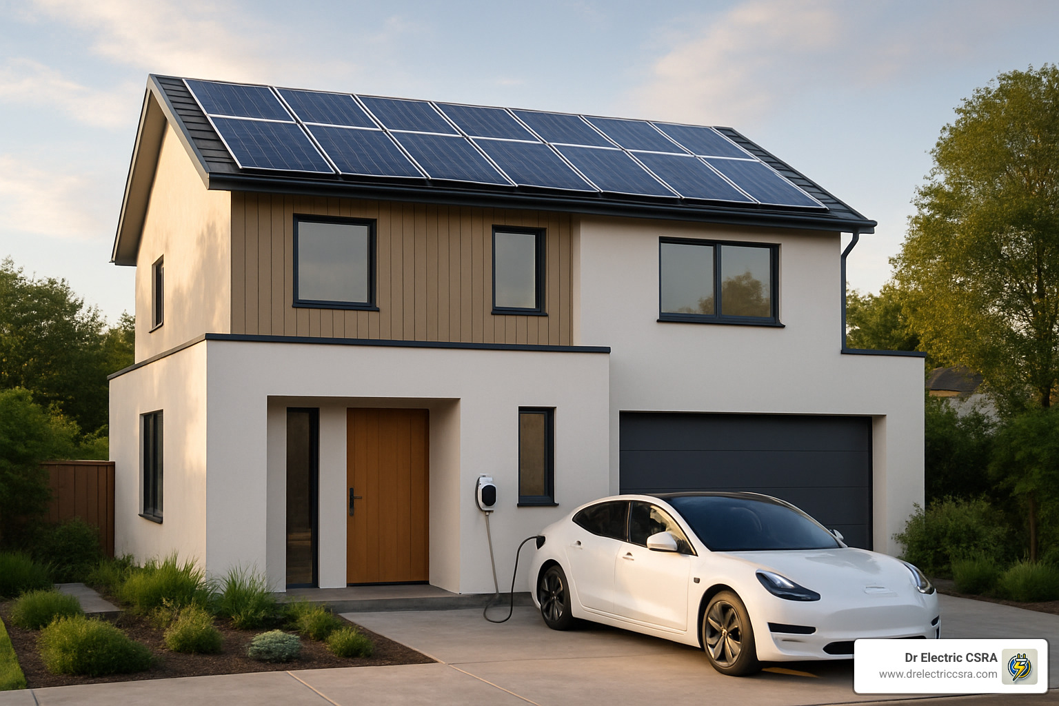 Modern home with EV charging station and solar panels - 200 amp service for house
