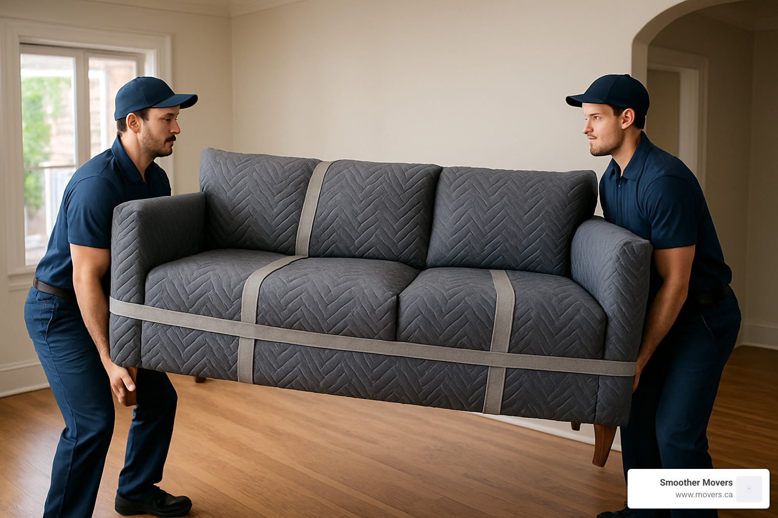 Professional movers carefully handling a large piece of furniture with protective blankets and proper lifting techniques - nanaimo moving services