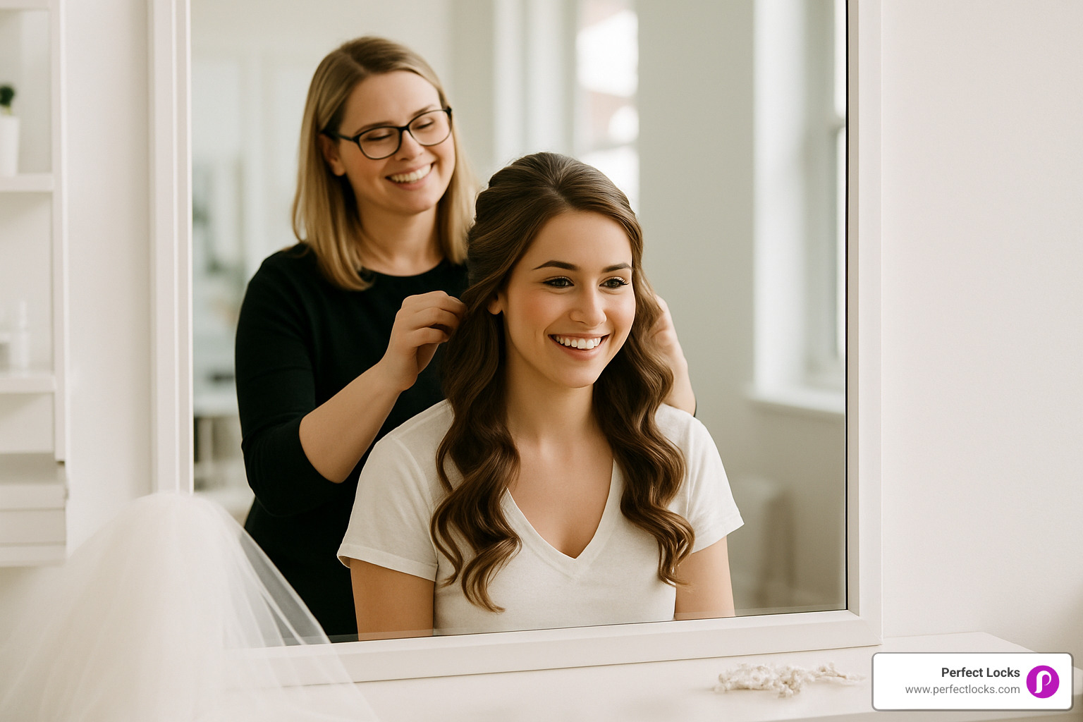 bridal wedding hair trial with a hair stylist - wedding hairstyles for short hair with veil and tiara