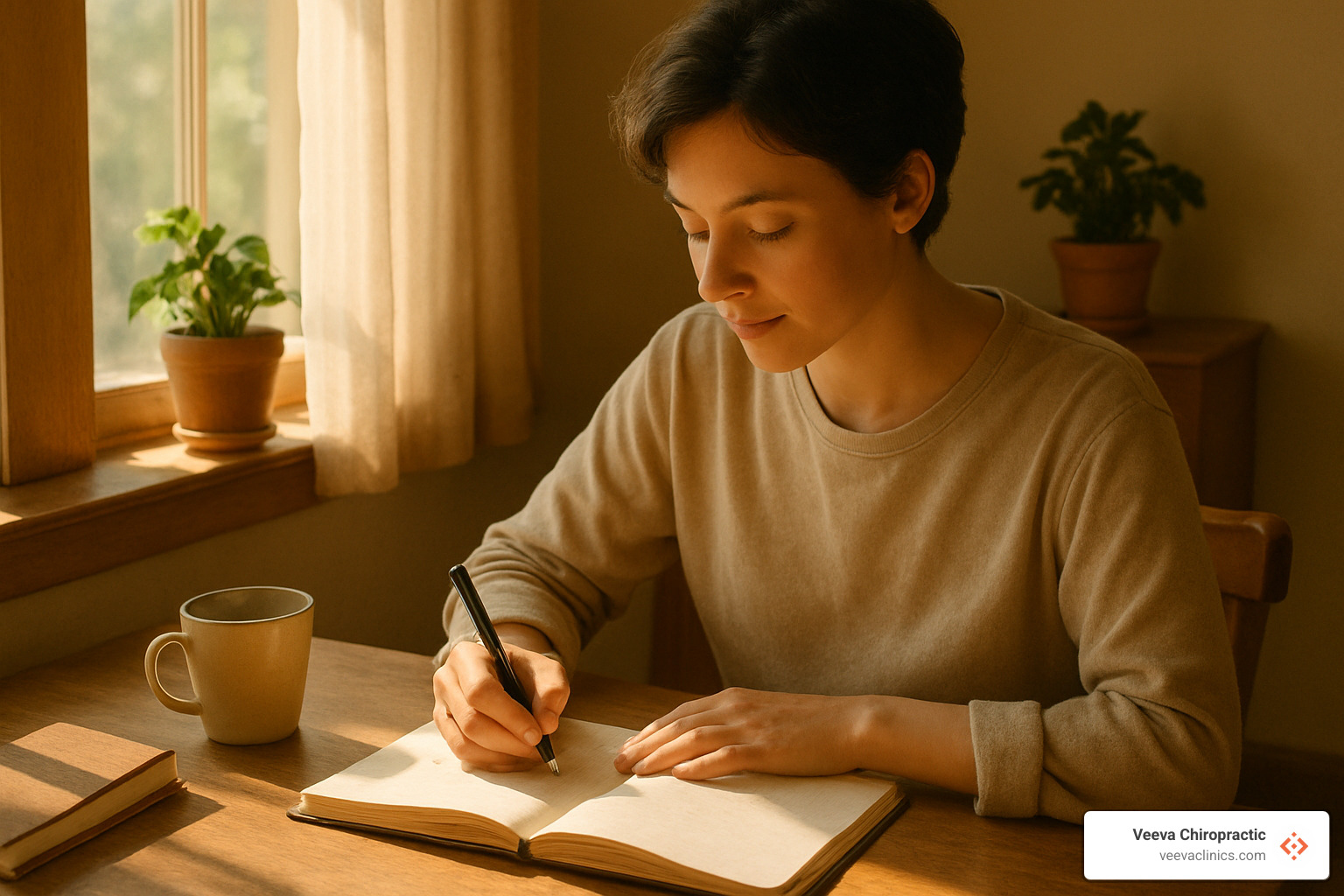 Person journaling in a calm, sunlit room - auto accident treatment