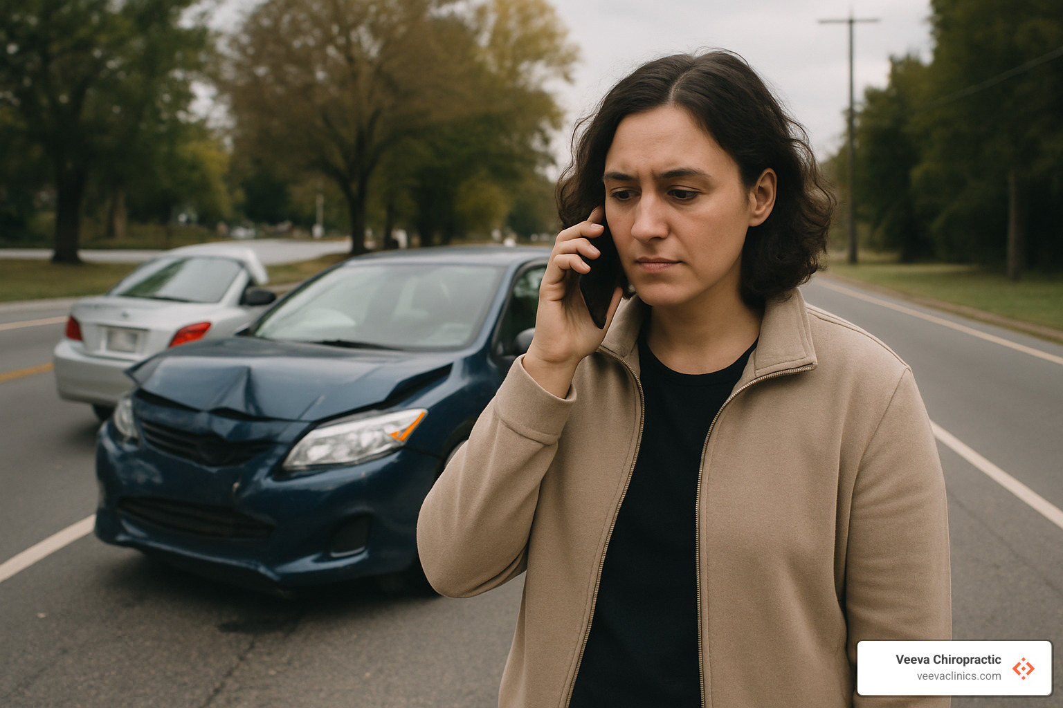 Person on the phone at the side of the road after a minor collision - auto accident treatment