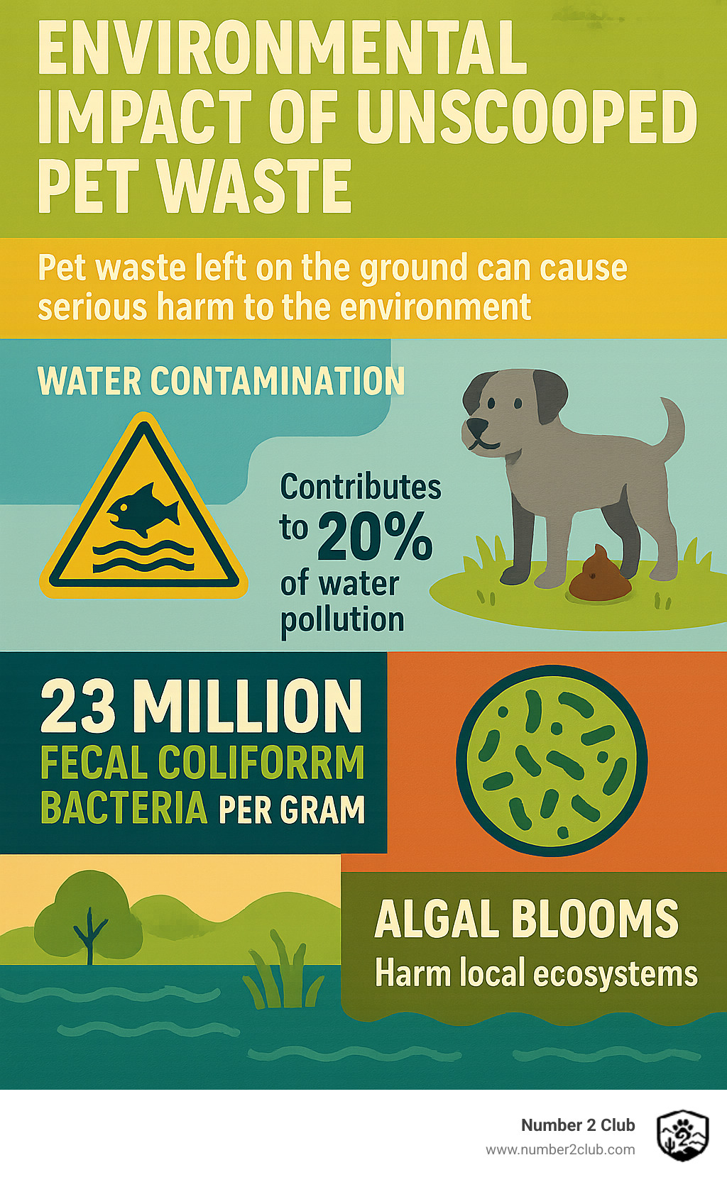 Infographic showing environmental impact of unscooped pet waste including water contamination statistics, bacterial counts per gram, and algal bloom effects on local ecosystems - pet waste station residential infographic 